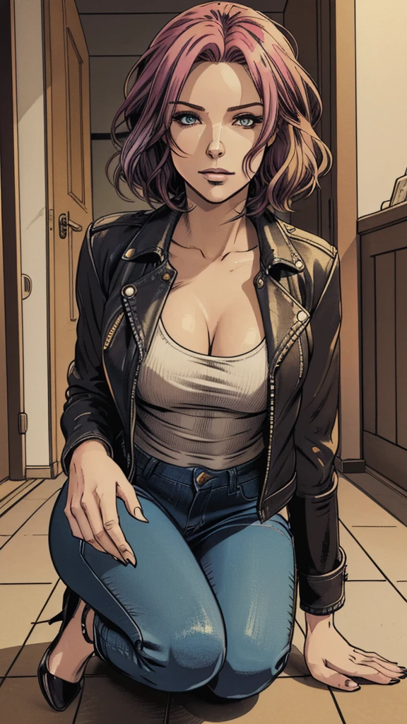 vector image, 2d cartoon,masterpiece, An anime woman,colored hair, provocative makeup,tight jeans, heels, pulling down on her knees:1.2, leather jacket, t-shirt, taking selfie