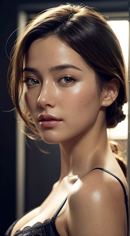 Dressed, (photo Realistic:1.4), (hyper Realistic:1.4), (Realistic:1.3), (Smoother lighting:1.05), (Improving the lighting quality of movies:0.9), 32k, One girl,20 year old girl, Realistic lighting, Backlight, Light on the face, Ray-tracing, (Bright light:1.2), (Improvement of quality:1.4), (Highest quality real texture skins:1.4), Detailed drawn eyes, Detailed painted face, Quality Eyes, (Tired, sleepy and satisfied:0.0), Face close-up, Lace bra, (Enhance the mood of your body line:1.1), (Enhances the beauty of skin texture:1.1)