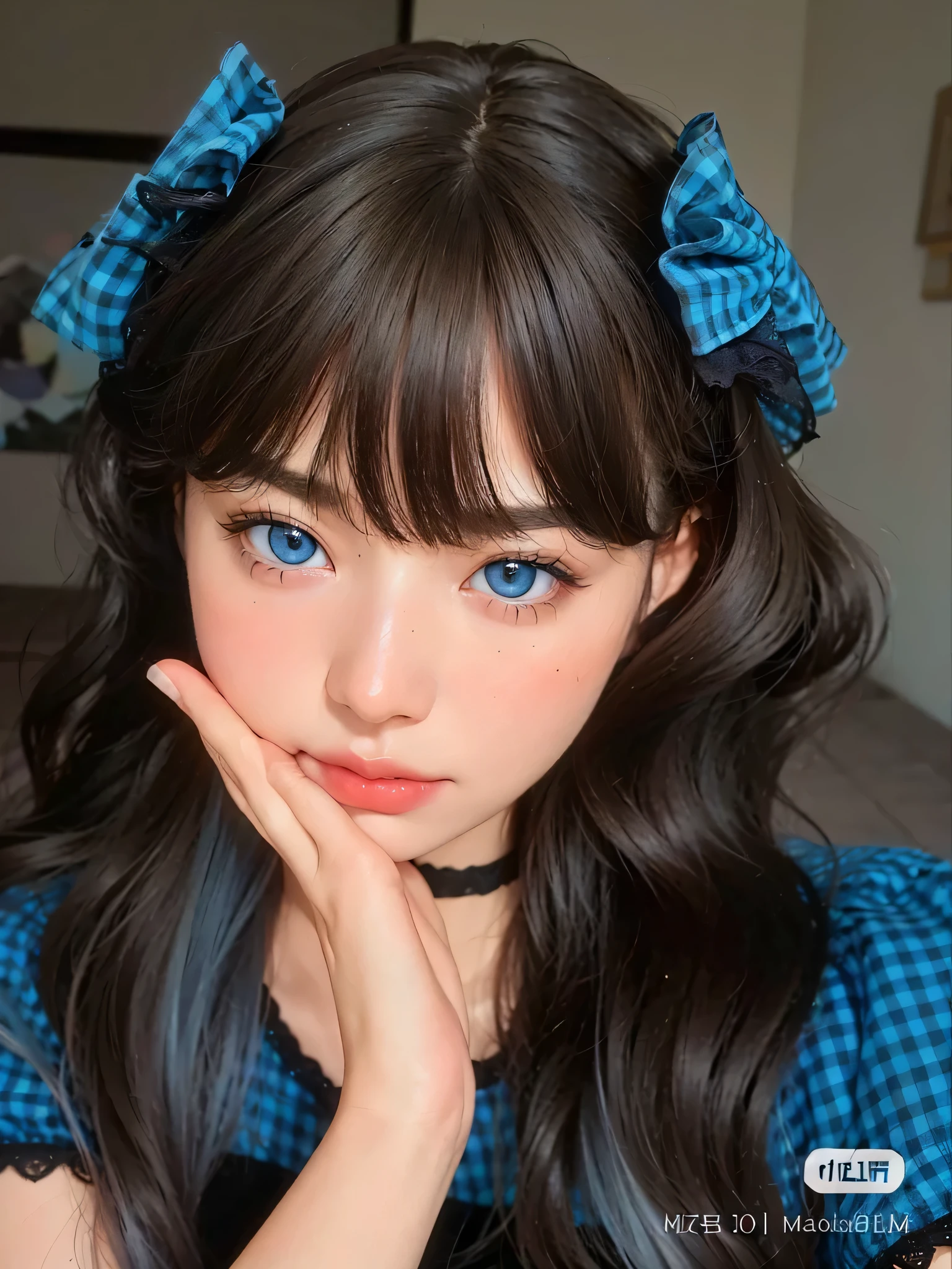 (best quality,4k,8k,highres,masterpiece:1.2),ultra-detailed,(realistic,photorealistic,photo-realistic:1.37),oil painting,soft brush strokes,portrait,beautiful woman,feminine,blue shirt,brown hair,pastel blue eyes,gorgeous detailed eyes,sexy expression,Sakimichan's artwork,ulzzang-like appearance,pale blue eyes,dreamy atmosphere,ethereal,subtle lighting,sharp focus,elegant pose,light blue background,aesthetic detailed eyelashes,brows and face shading,realistic portrait,mesmerizing mood,highlighting eyes and expression,creating shadows and highlights,depth and dimension,softness and grace through colors,lighting and composition