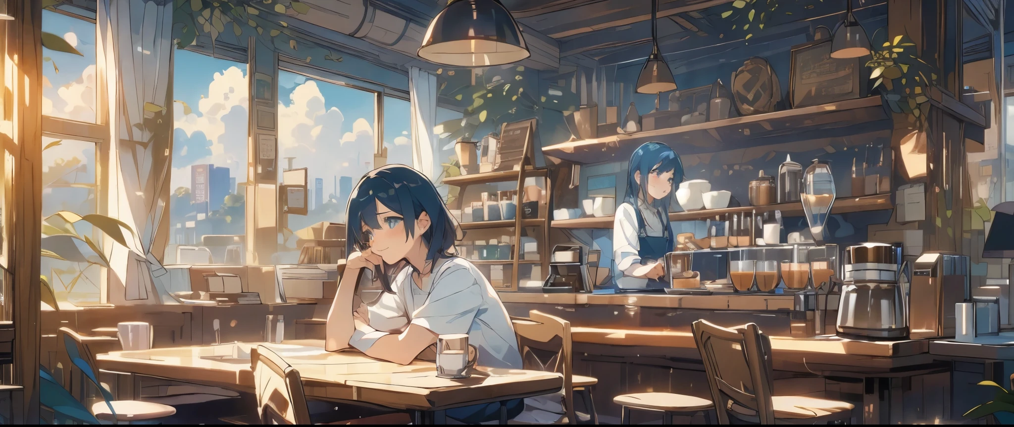 (masterpiece:1.2), best quality,cozy animation scenes, scenery, cityscape, city, window, cloud, sky, food, indoors, computer, book, pillow, chair, cake, monitor, cup, plate, skyline, lying, Imagine yourself stepping into a cozy cafe, where the scent of freshly brewed coffee wafts through the air, and soft jazz music plays in the background. Describe the warm ambiance of this inviting space, where comfortable armchairs beckon you to sink in and unwind with a good book or catch up with a friend over a steaming cup of your favorite brew. the soothing atmosphere, the friendly chatter of patrons, and the gentle glow of warm lighting that envelops you in a sense of tranquility and comfort. A person is brewing coffee meanwhile the other sitting in the table. 2girl, adult, dark blue hair, messy hair, medium size hair, light blue eyes, black shirt, black jeans, beige apron, working, bartender, waitress, making coffee, cafe bar, concentration, looking away, happy, cozy, chill, illustration, masterpiece, ghibli, perfection, high quality, converse shoes, behind the bar counter, doing her job, customers, sunny, black cross earrings, anime lofi, warm, gold temperature,  ((Best Quality)), ((Masterpiece)), (8K, masterpiece, Highest Quality, Best Quality, Official art, Breathtaking beauty and aesthetics, A highly detailed)