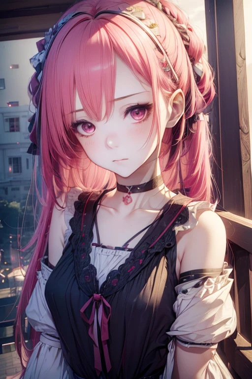 1girl, Wear casual clothes, accessories, choker, Hime-style Hair, balcony, armband, blush, multicolored hair, detailed face texture, beautiful detail eyes, (shy pose, full shot), (cinematic lighting:1.2), (detailed light:1.1), (stylized:1.3), (Highly detailed), (high resolution), (Best quality), (masterpiece)