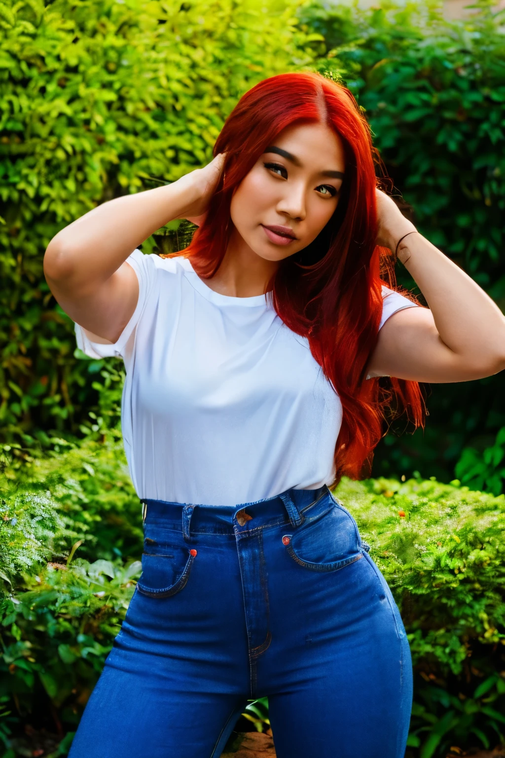 a beautiful 4k female asian and hispanic mixed with red straight hair hiding her with a sigh written HAZEL and wearing only blue jeans background a garden