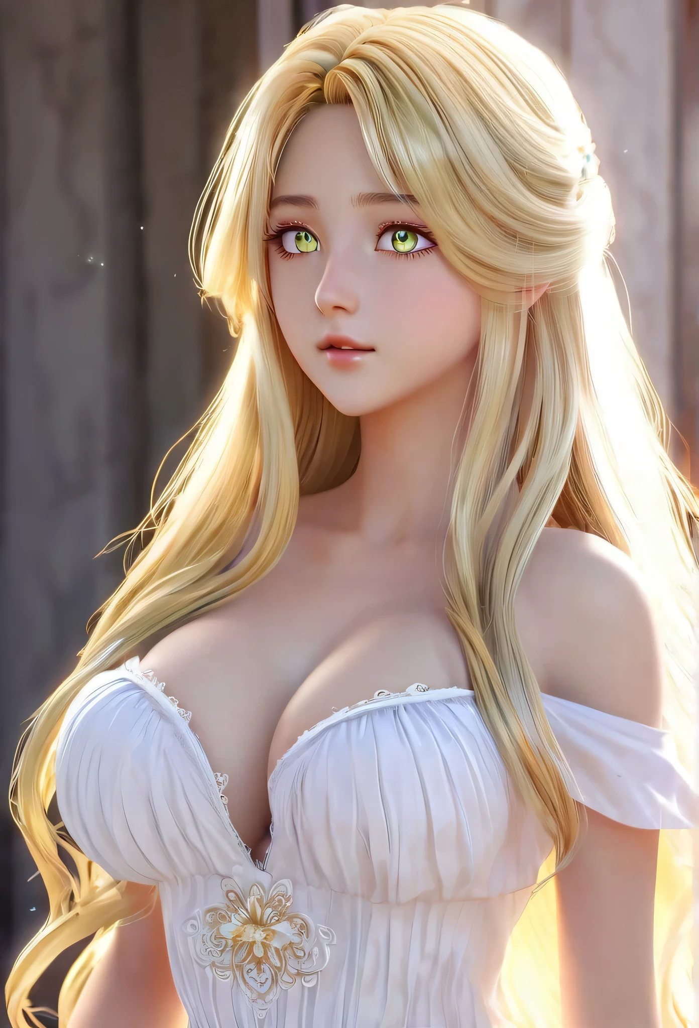 ,Light golden long hair,Aurora colored eyes,Long eyelashes,Unbelievably huge breasts,((3D anime style)),White dress with a lot of exposure,