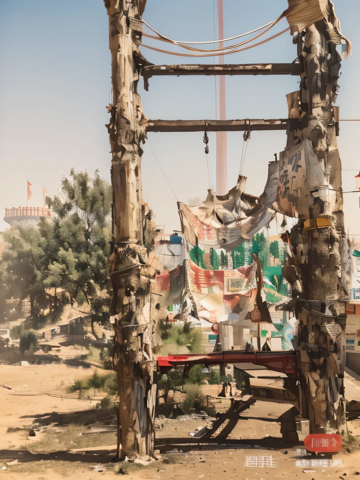 there is a sign that says china on it in a foreign language, post apocalyptic theme park, cloth banners, great masterpiece, in an abandoned theme park, silk tarps hanging, roman festival backdrop, flying trees and park items, surrounding the city, hanging beef carcasses, shot from afar, wonderful masterpiece, an amusement park in old egypt, the empress’ hanging