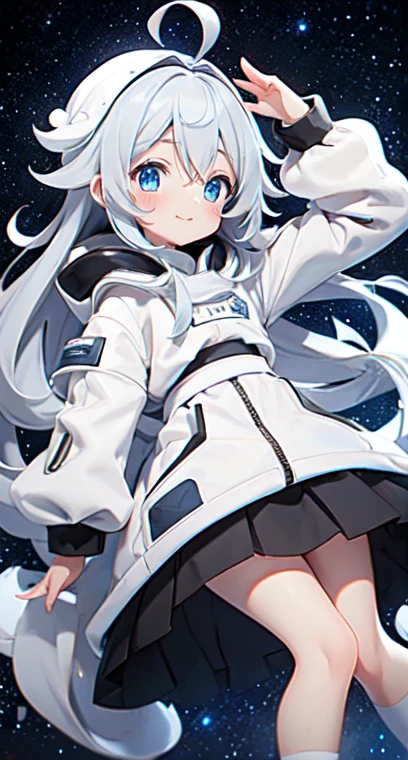 (Shiny skin), White hoodie, Black Skirt, Straight hair, Princess Hairstyles, Ahoge ,White long knee socks,smile,(highest quality, masterpiece), 1 girl, Long Hair, Gray Hair, Starry Sky, Long Hair, (Clear bright blue eyes), Ahoge, idiot girl, Black and white dresses, (space)), low length, Soft Light,