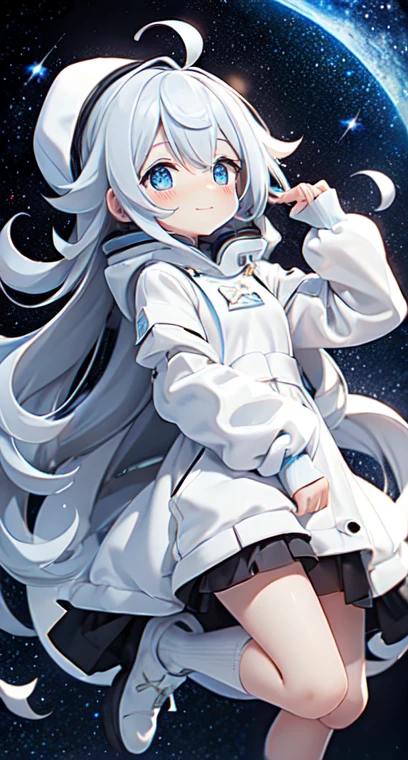 (Shiny skin), White hoodie, Black Skirt, Straight hair, Princess Hairstyles, Ahoge ,White long knee socks,smile,(highest quality, masterpiece), 1 girl, Long Hair, Gray Hair, Starry Sky, Long Hair, (Clear bright blue eyes), Ahoge, girl, Black and white dresses, (space)), low length, Soft Light,