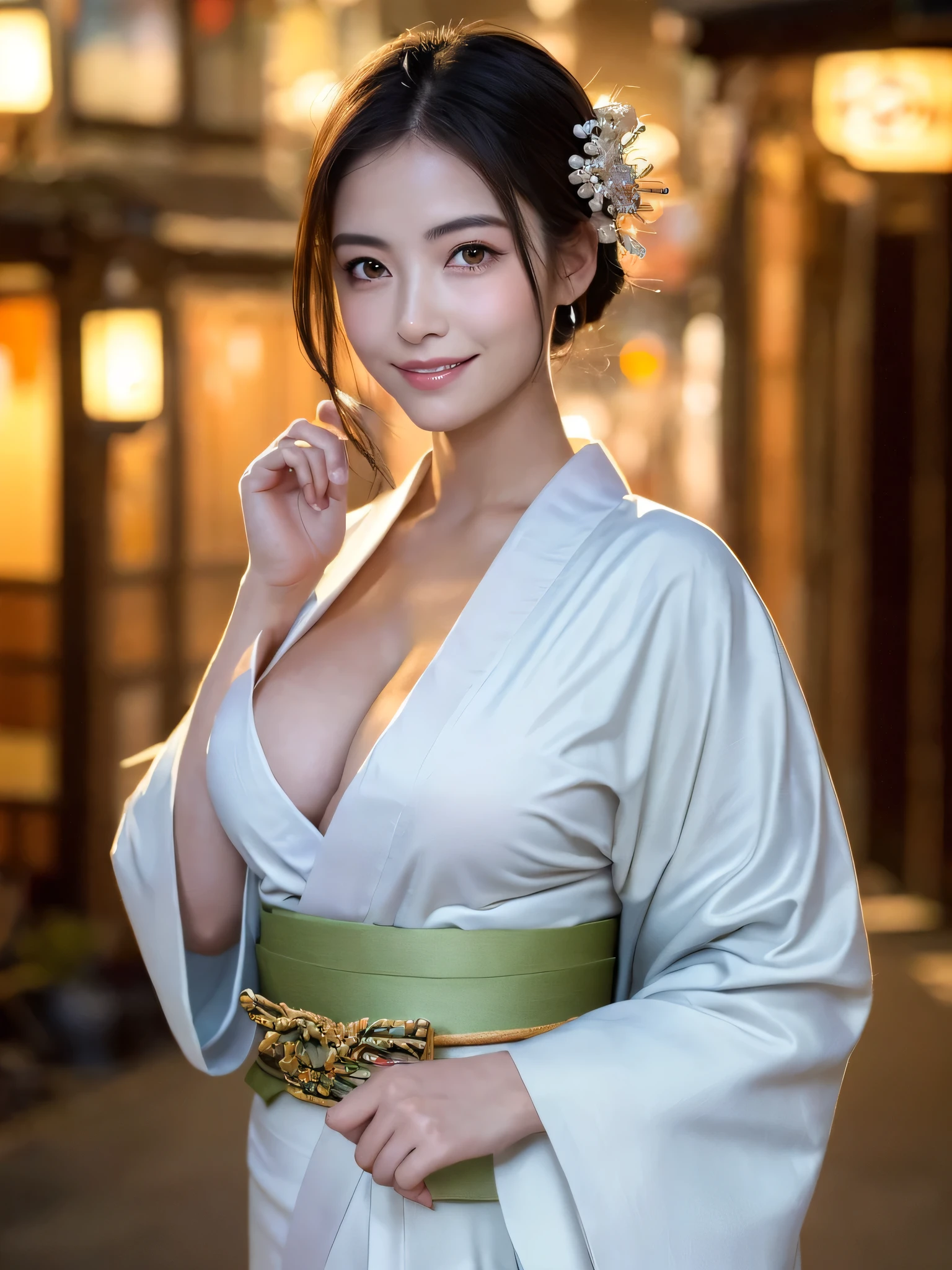 (sfw:1.5)、(RAW shot: 1.5, Realistic: 1.5, 8k, highest quality, masterpiece, Ultra-high resolution), Japan,  Mysterious light in the darkness: 1.3, Skin and face texture: 1.3, cute slim woman,  Sexy beauty, Perfect Style,  Beautiful Skin, Very beautiful face, (A shy smile,  Facial expressions when feeling happy), (Wear a white kimono: 1.1),   (Close-up shot, Full Body Tattoo, night, Fascinating Light)、(Anatomically correct)、（Perfect body proportions)、(Natural and perfect hands、Natural and perfect fingers)、(Breast Goddess, ((Round face)), Realistic Eye Size, Big Eyes、Droopy eyes