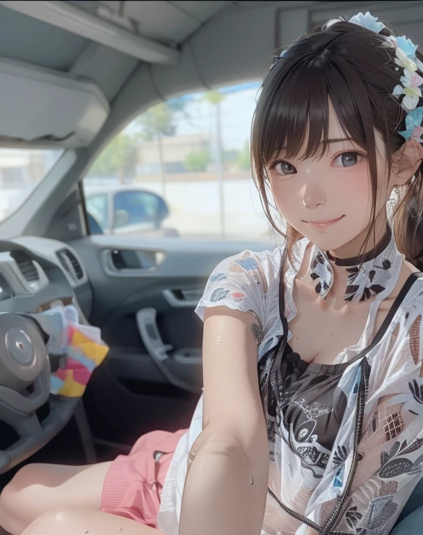2 Asian girls, both farting in car sitting side by side, desperate to poop, in toilet, farting while sitting in car, wearing casual clothes, stomach bloated, hangs holding stomach, pained expression, shocked and embarrassed, mouth open in shock, blushing, beautiful and cute face, anime art style, fit body, tall and thin, view from back