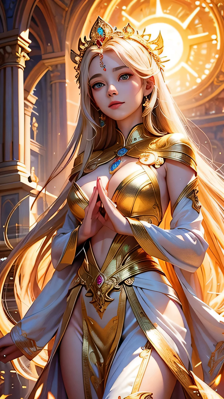 "Maiden of the Sun": Within a sacred sanctuary bathed in sunlight, depict the figure of a sun goddess, facing forward and emanating divine radiance, with golden hair, as she gazes towards us. Zoom in to focus on her face, with light orbs gleaming in her hands, representing the life-giving power of the sun. The background should be predominantly pink, evoking a sense of divine splendor. The setting is in heaven, enveloped in soft, bright light, where one can find tranquility and peace of mind, free from any trace of anxiety. Additionally, the light emanating from her hands should take the form of radiant hearts, resting gently on the palm of her hands.