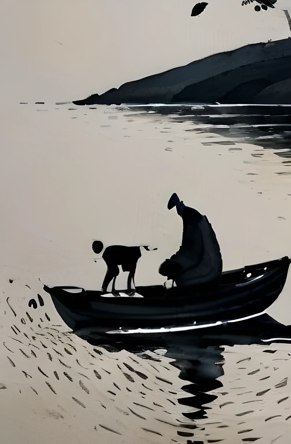 A Zen style,Ink Painting, A boat，A fisherman，A small puppy