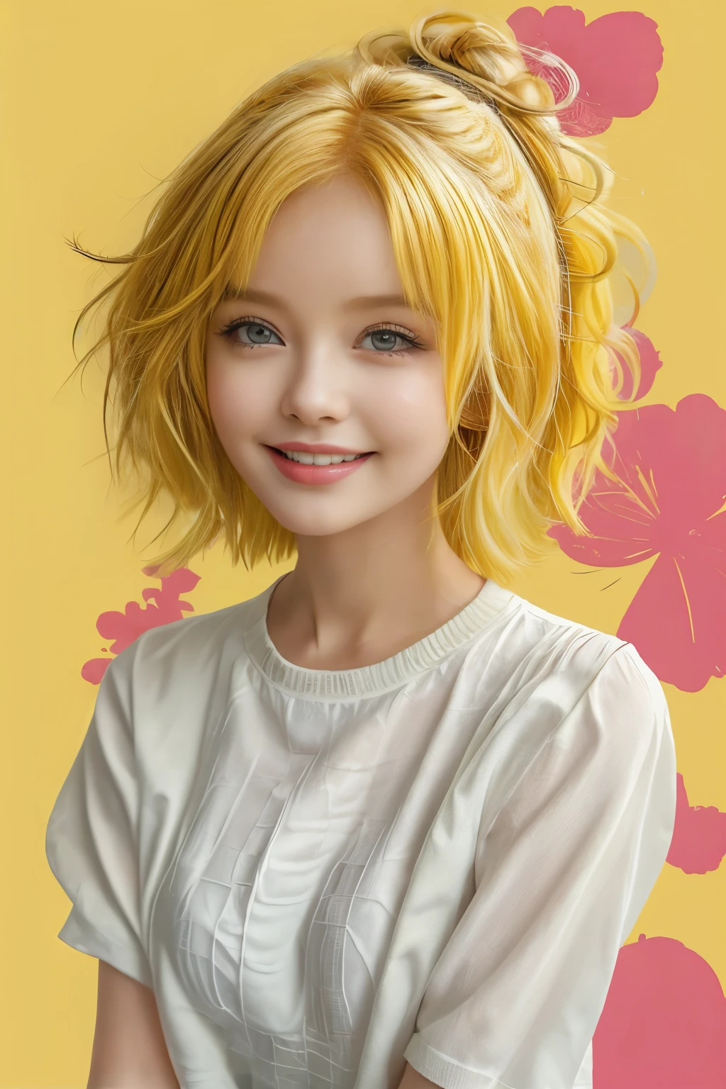 chibi style masterpiece,best quality,bellissima,1girl, solo, half body, yellow hair, cute, adorable, bright colors, cheerful, highly detailed, smile