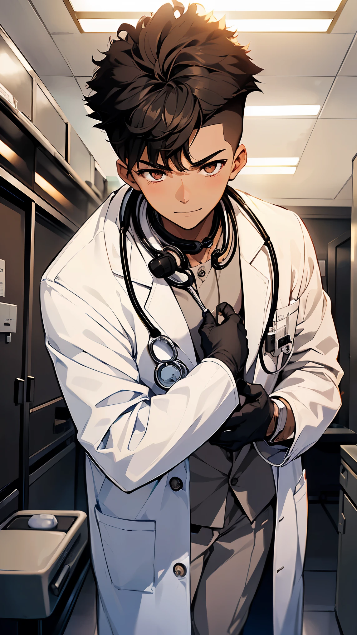 A young doctor man in a white coat, detailed eyes, beautiful eyes, put away his legs kneeling on his desk, straightened his clothes, and walked out of the office with a serious face