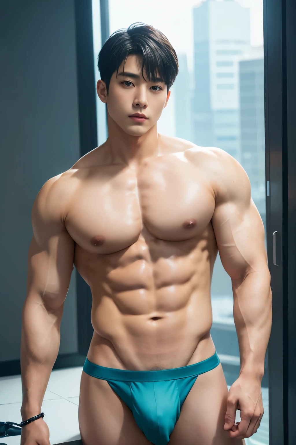 HOMEM COREANO, SEM CAMISA, rosto bonito, PEITO MUSCULAR, volume na cueca, bulge,  grande, futuristic, robot body