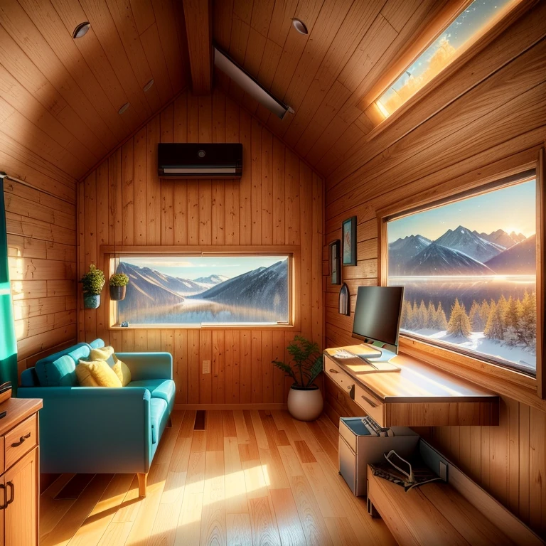 there is a couch and a desk in a small room, wide shot of a cabin interior, tiny house, inside of a cabin, filled with natural light, wooden interior, interior of a small, designed for cozy aesthetics!, with backdrop of natural light, natural light in room, hidden tiny houses, picture of a loft in morning, picture of an interior loft