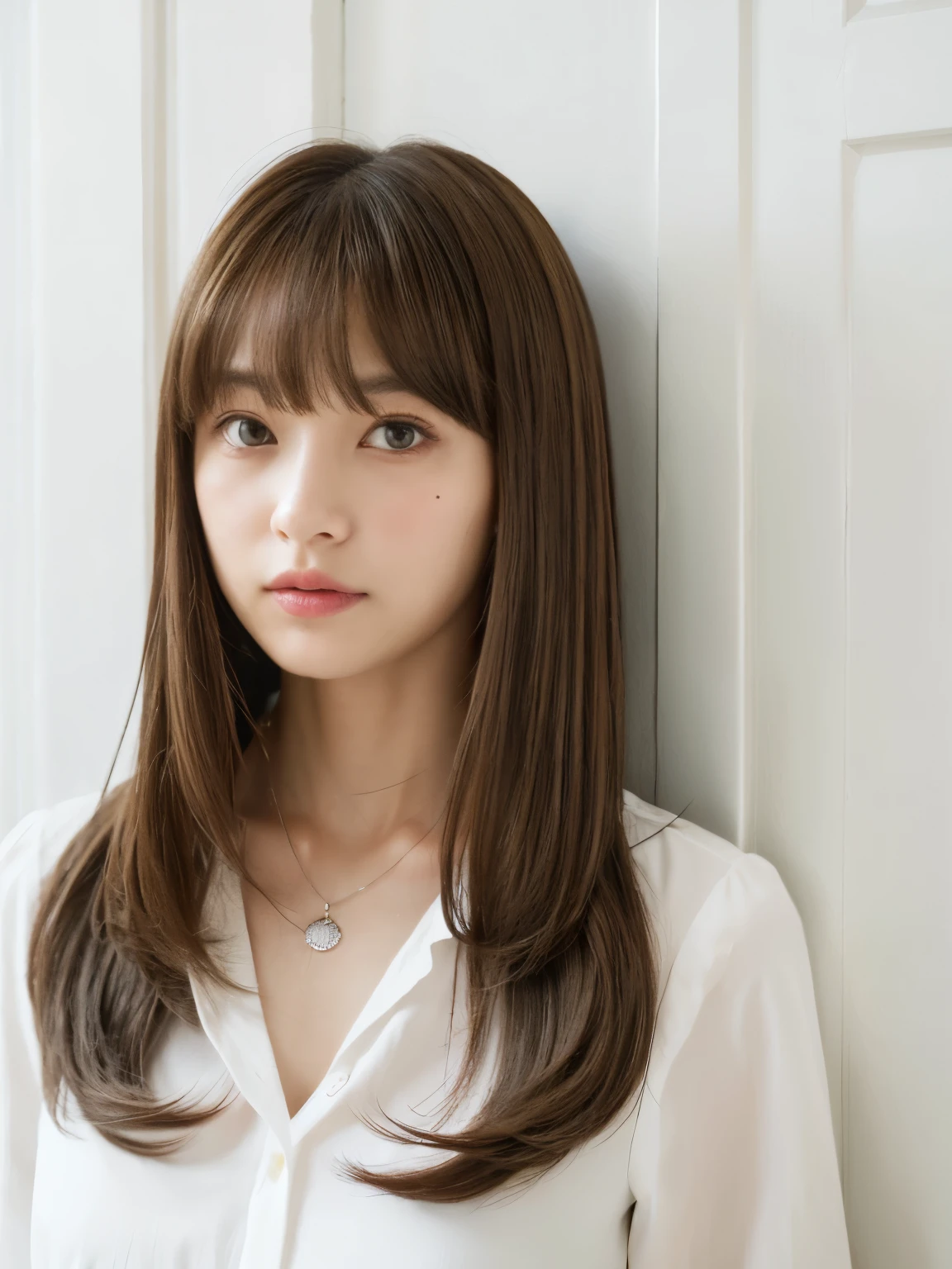 Close-up of a brown-haired woman wearing a white shirt, Shoulder-length hair, Shoulder - Length hair, Medium length hair, Curtain bang, Mid-length hair, with short hair, Princess Cut, Shoulder-length hair, 白Princess Cutの髪型, Korean symmetrical face, short～Medium Hair, Shoulder - Length, Neat hairstyle with bangs、White wall、Taken in front of a white door、((窓のあるWhite wallの部屋))、Various poses、Simple Necklace、Layered Cut、Don&#39;t look at the camera