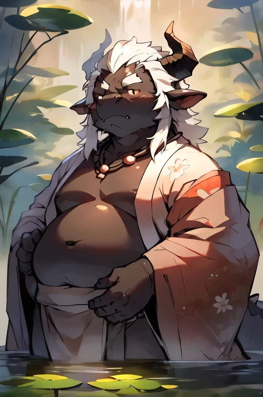 dragon,solo,male,old,elder,senior,east asian clothing,japanese clothing,small eyes,humaniod,humaniod hands,black body,overweight,fat face,chubby body,tall,black moobs,black skin,black belly,white hair,short horn,short mouth,white fundoshi,lily pad