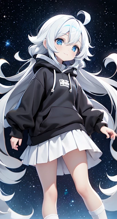(Shiny skin), black hoodie, White Skirt, Straight hair, Princess Hairstyles, Ahoge ,White long knee socks,smile,(highest quality, masterpiece), 1 girl, Long Hair, Gray Hair, Starry Sky, Long Hair, (Clear bright blue eyes), Ahoge, idiot girl, Black and white dresses, (space)), low length, Soft Light,