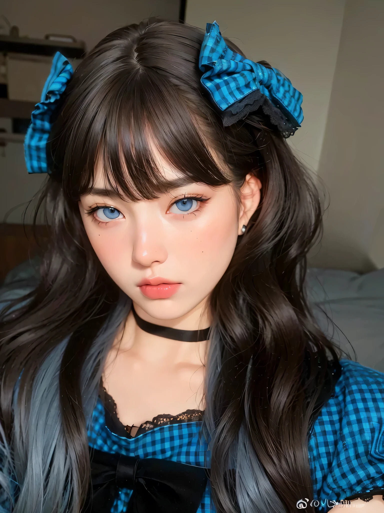 (best quality,4k,8k,highres,masterpiece:1.2),ultra-detailed,(realistic,photorealistic,photo-realistic:1.37),oil painting,soft brush strokes,portrait,beautiful woman,feminine,blue shirt,brown hair,pastel blue eyes,gorgeous detailed eyes,sexy expression,Sakimichan's artwork,ulzzang-like appearance,pale blue eyes,dreamy atmosphere,ethereal,subtle lighting,sharp focus,elegant pose,light blue background,aesthetic detailed eyelashes,brows and face shading,realistic portrait,mesmerizing mood,highlighting eyes and expression,creating shadows and highlights,depth and dimension,softness and grace through colors,lighting and composition