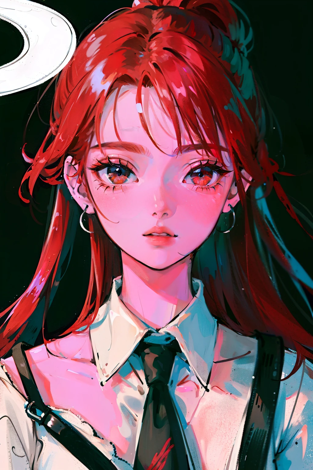 (Portraiture:1.4), (Tabletop:1.2, highest quality:1.2), Bottom-up, whole body, 1 red-haired girl, alone, Look down, Face Focus, Extreme facial detail, Cool eyes, Highly detailed eyes, good looking, compensate, Put your finger on your lips, Red eyes, thin, slim, White fur coat, black tights, Earrings, (Marco) Cafe),Black Background