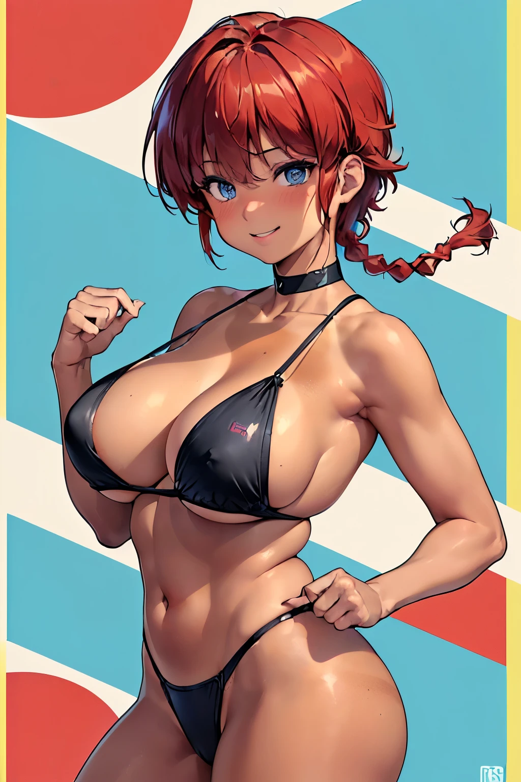 ((((masterpiece)))), high quality, very_high_resolution, large_filesize, full color, heavy outline, clear outline, colorful, (beautiful detailed eyes), (beautiful face:1.3), boyish face, 1 girl, (femaleranma), (red hair), short hair, (braided ponytail), ((bangs)), bumpy bangs, blue-gray eyes, big breasts, curvy, completely nude, black-wristbands, old japanese school swim suits, (((tan))), smile, (standing), front view, full-face blush, 