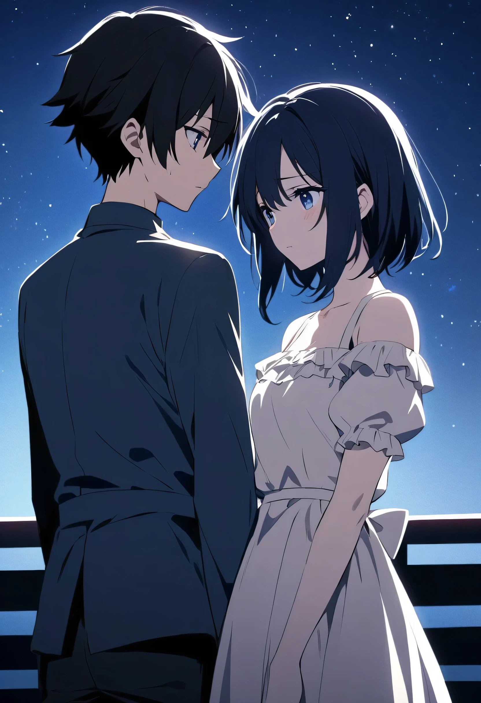 Sad anime girl on the left, sad anime boy ok the right, they are close to each other But there is a small gap between them. Night background