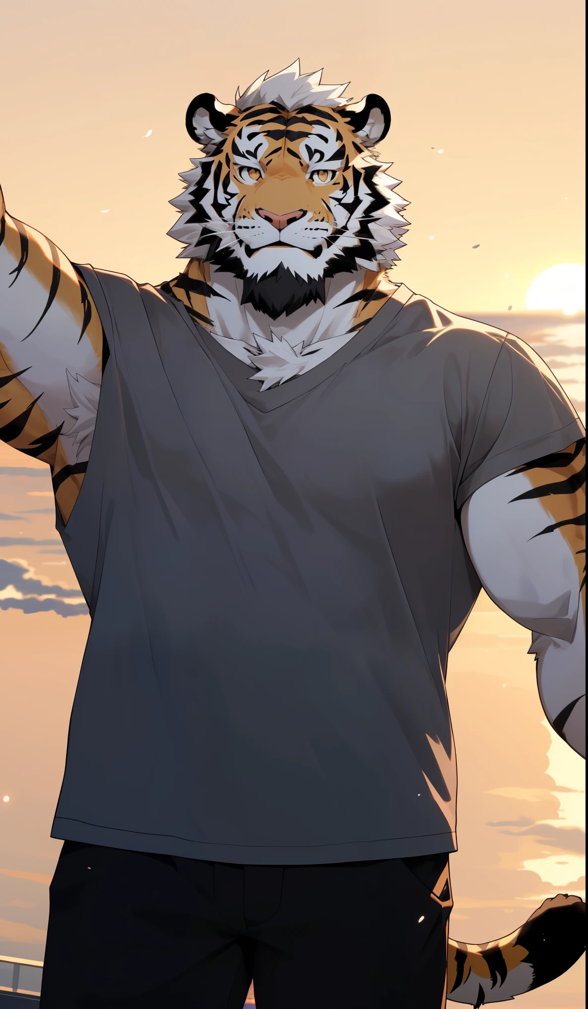 hairy,(tiger,White short hair,Grey short sleeves:1.3,Hug with open arms:1.3)beard,Golden fur,Gentle smile,male,Common,Open arms hug pose,Gentle and honest,full-body shot,On the streets,Sunset,There is a sunset,Real dusk background,极其lifelike阴影,masterpiece,Very detailed,lifelike。