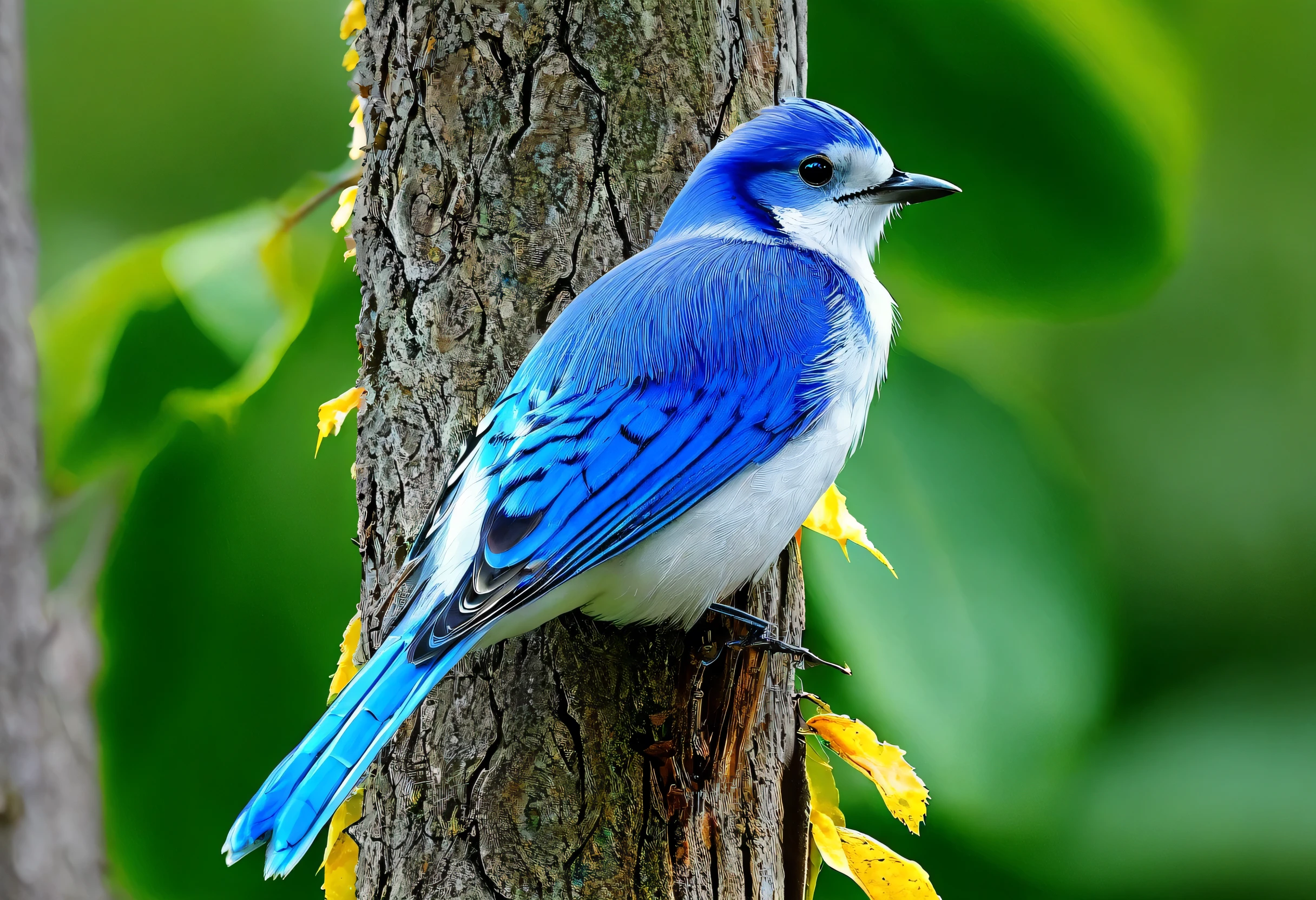 A bright white and blue bird perched on a tree post with leaves, Close-up、Charles Bird King-inspired photography, Trending on Pixabay, Fine art, , Long colorful bird, Colorful feathers, Beautiful and elegant, Beautiful Nature, Beautiful colorful, Great beauty, Beautiful Gorgeous, Beautiful and colorful, Royal Bird, Very beautiful, Gorgeous beautiful, Beautifully drawn