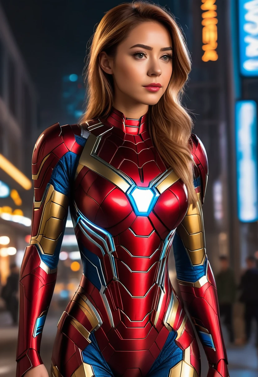 girl in ironman suit, many small details, on a rooftop, city at the background, sunlight, highly detailed, deep focused image, ultrarealistic photo