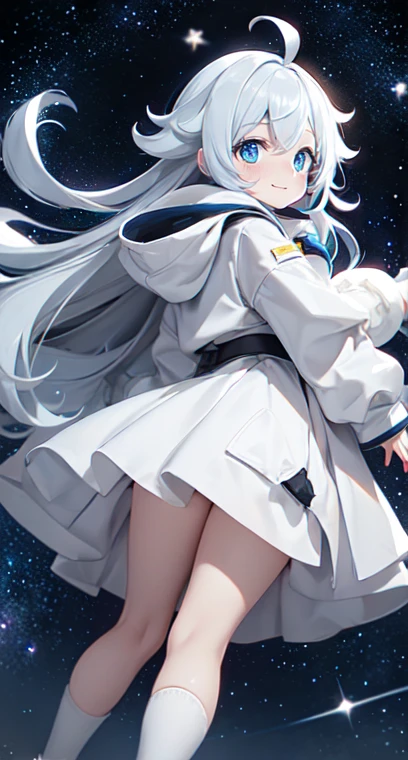  (Shiny skin), black hoodie, White Skirt, Straight hair, Princess Hairstyles, Ahoge ,White long knee socks,smile,(highest quality, masterpiece), 1 girl, Long Hair, Gray Hair, Starry Sky, Long Hair, (Clear bright blue eyes), Ahoge, idiot girl, Black and white dresses, (space)), low length, Soft Light,