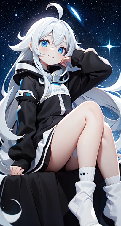  (Shiny skin), black hoodie, White Skirt, Straight hair, Princess Hairstyles, Ahoge ,White long knee socks,smile,(highest quality, masterpiece), 1 girl, Long Hair, Gray Hair, Starry Sky, Long Hair, (Clear bright blue eyes), Ahoge, idiot girl, Black and white dresses, (space)), low length, Soft Light,