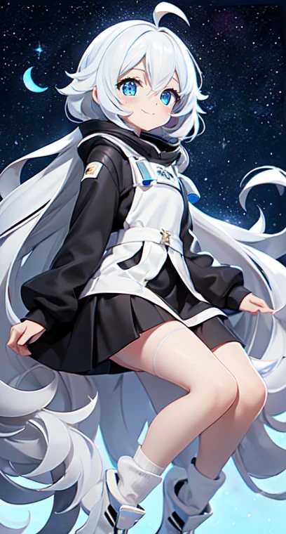 (Shiny skin), black hoodie, White Skirt, Straight hair, Princess Hairstyles, Ahoge ,White long knee socks,smile,(highest quality, masterpiece), 1 girl, Long Hair, Gray Hair, Starry Sky, Long Hair, (Clear bright blue eyes), Ahoge, idiot girl, Black and white dresses, (space)), low length, Soft Light,