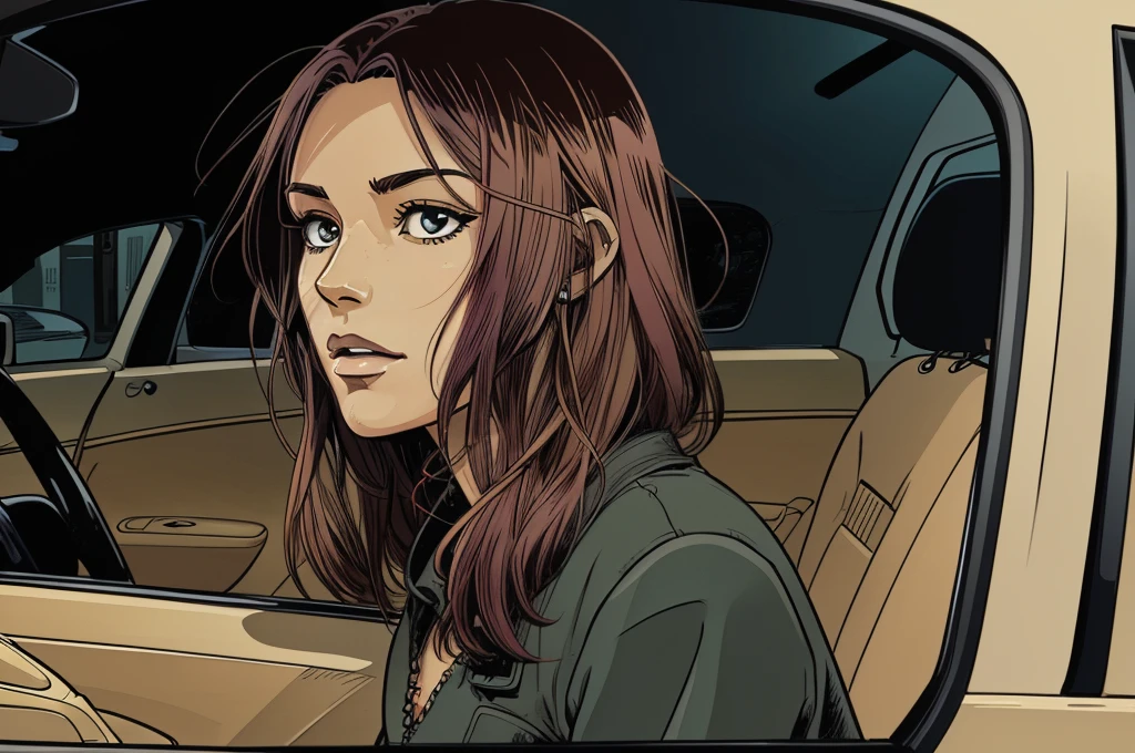 vector image, 2d cartoon,masterpiece, An anime, close-up portrait, driving, vw beetle car, with woman inside, colored hair, side view