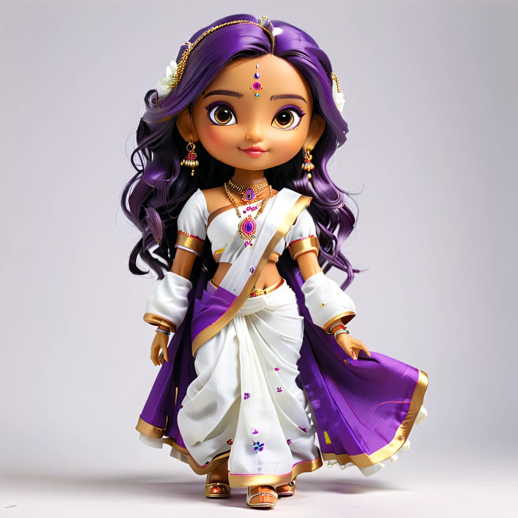 (Blind Box Spielzeug Stil:1.2), full body, solo, white background, (A  Indian female robot in a White and purple traditional Saree, high heels), (Indian color, Very colorful), 3D