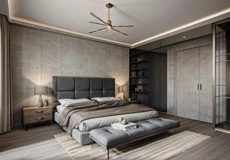 ((masterpiece,best quality,highres,sharp forcus)) (((detail forcus))) , bedroom ,Modern style, (modern furniture) , plaster ceiling, bright, oak , daylight , warm tone , bright color