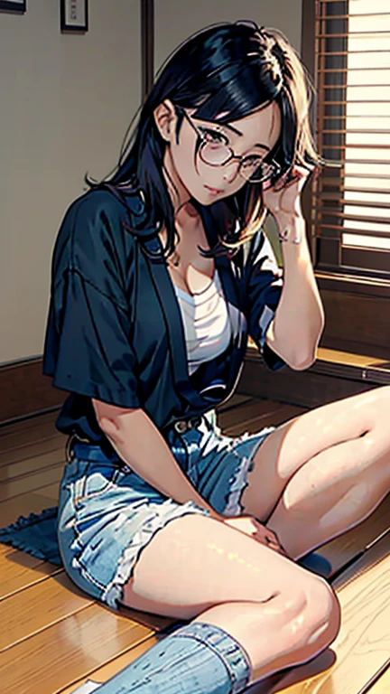 There is a woman sitting on the floor with her legs crossed., with glasses, japanese model, with glasses on, With square glasses, young sensual gravure idol, yasumoto oka, Real young gravure idol, no glasses, Yoshitomo Nara, aoi ogata, wearing glasses, surreal 