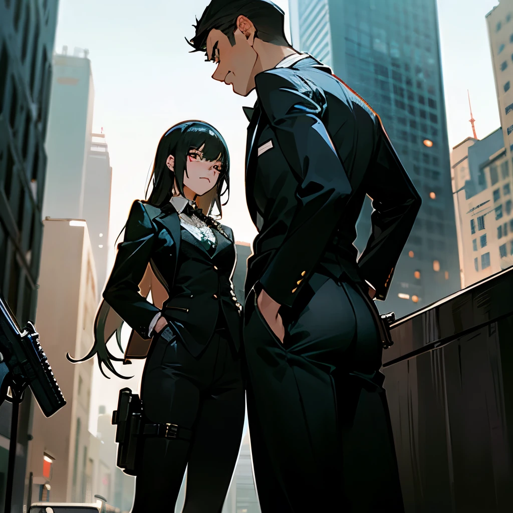 Two figures emerge from the shadowy corners of the bustling city, their eyes locked onto one another as they stand at an impasse. A sleek, suave spy in a tailored suit, a gun peeking out from a concealed holster, and a rugged mercenary clad in combat gear, a menacing weapon pointed steadfastly. Their gazes do not waver as they size each other up, the tension between them palpable. The cityscape fades into the background as the two adversaries stand there, guns at the ready.
Two adversaries, one a covert operative, the other a hired gun for hire, encounter each other in an urban jungle. Their weapons