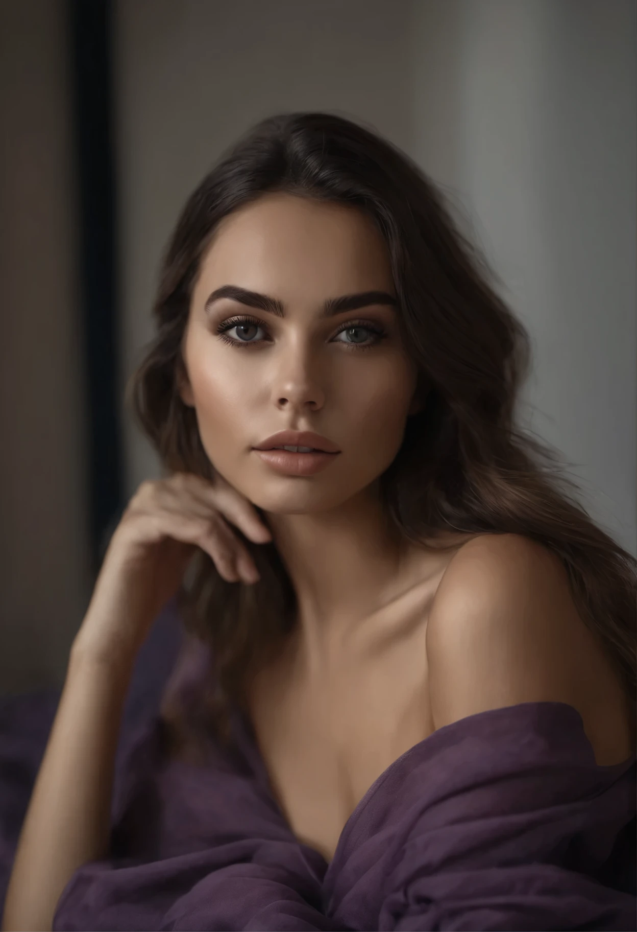 Latina woman completely , fille sexy aux yeux bruns, ultra realist, Meticulously detailed, Portrait Sophie Mudd, cheveux bruns et grands yeux, selfie of a young woman, Yeux de chambre, Violet Myers, sans maquillage, maquillage naturel, looking straight at camera, Visage avec Artgram, Maquillage subtil, Great photo of the whole body kneeling on the bed, dans la chambre, Medium to large bust