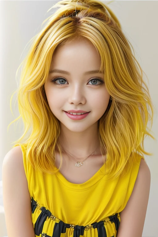 chibi style masterpiece,best quality,bellissima,1girl, solo, half body, yellow hair, cute, adorable, bright colors, cheerful, highly detailed, smile