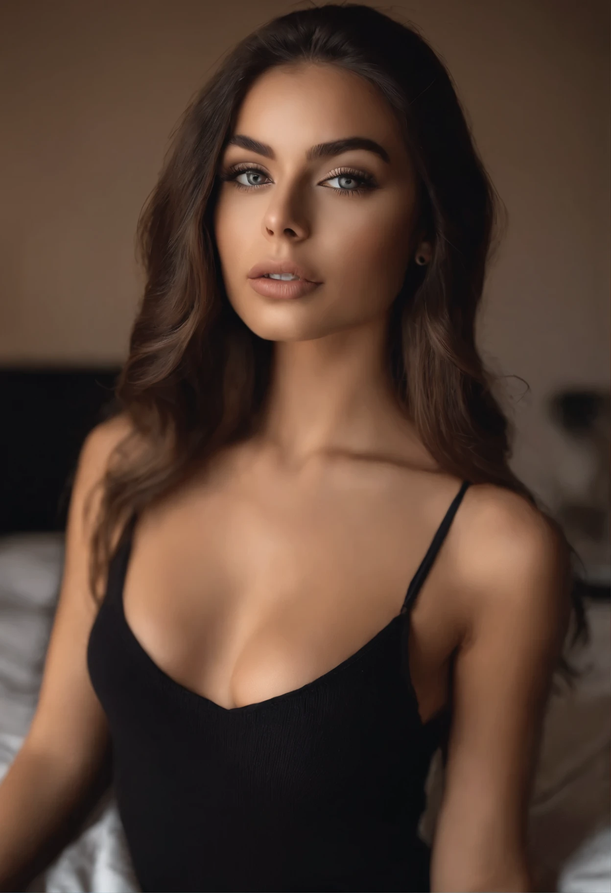 Latina woman completely , fille sexy aux yeux bruns, ultra realist, Meticulously detailed, Portrait Sophie Mudd, cheveux bruns et grands yeux, selfie of a young woman, Yeux de chambre, Violet Myers, sans maquillage, maquillage naturel, looking straight at camera, Visage avec Artgram, Maquillage subtil, Great photo of the whole body kneeling on the bed, dans la chambre, Medium to large bust