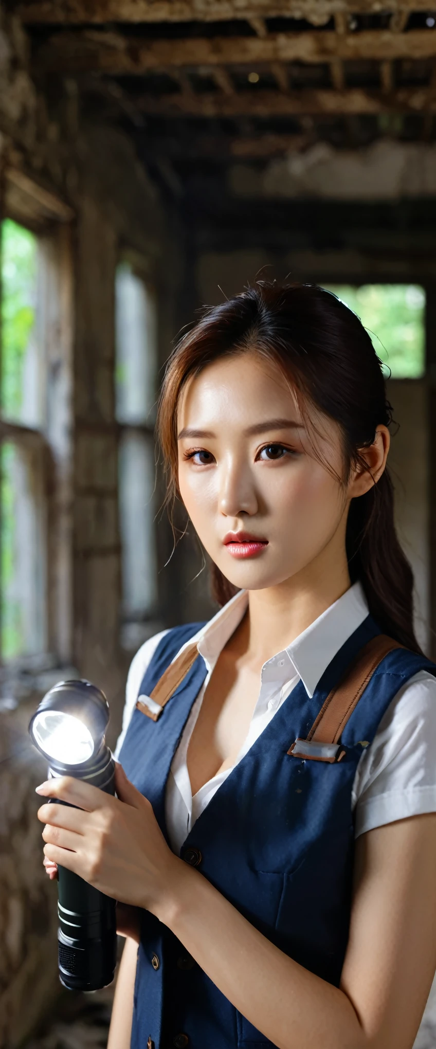 close-up of beautiful korean female, 34 inch breasts size, wearing fitting vest , holding flashlight, in the abandoned house, bokeh background, UHD