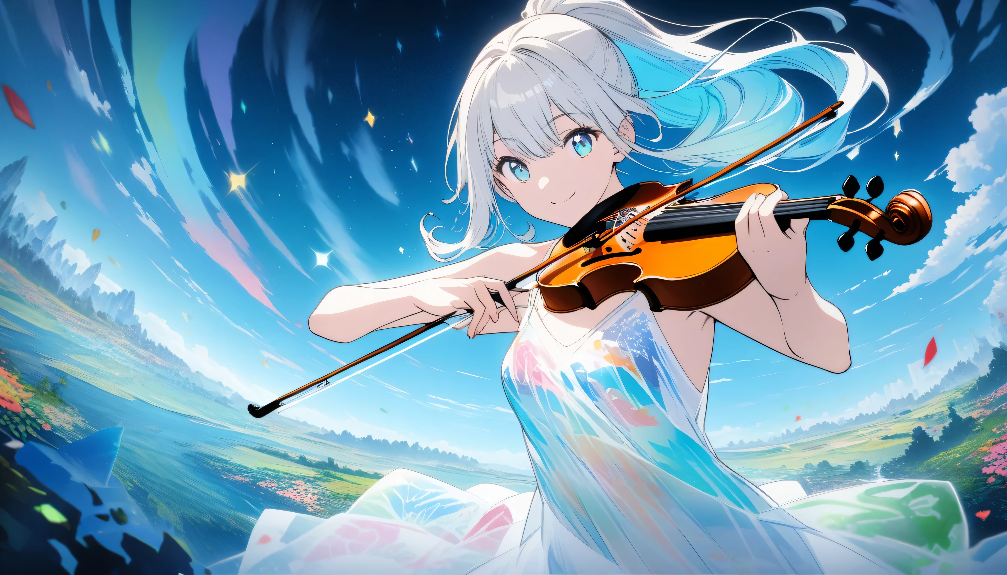 Ponytail, 32k, highest quality, super high resolution, HDR, UHD, highly detailed CG, unity 32k wallpaper, **Japanese anime, Copic-like drawing, crystal style, crystal clear, woman with frog, Bottom: Blue moon, carefully drawn drawings, elaborate drawings, smiling cute women, flowers, bold and strong line drawings, bright acrylic paint, bright thick paint, bright plain background, beautiful evidence, highest resolution 16K, beautiful anime woman, long hair, beautiful gentle eyes with beautiful light cyan highlights, shimmering background, beautiful woman with loose airy bright colorful hair with diamond highlights, transparent dress, dark water Colored, colorful, honeydew and diamonds, light cyan and white and light effects, wallpaper, high quality, high image quality, mass drawing, pixiv illustration, transparent, Japanese anime, playing the violin, white tone, delicate brushstrokes, unique colors
