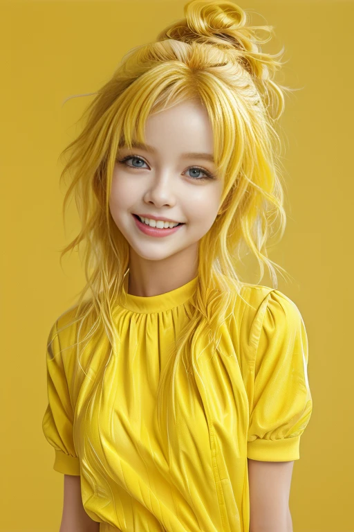 chibi style masterpiece,best quality,bellissima,1girl, solo, half body, yellow hair, cute, adorable, bright colors, cheerful, highly detailed, smile