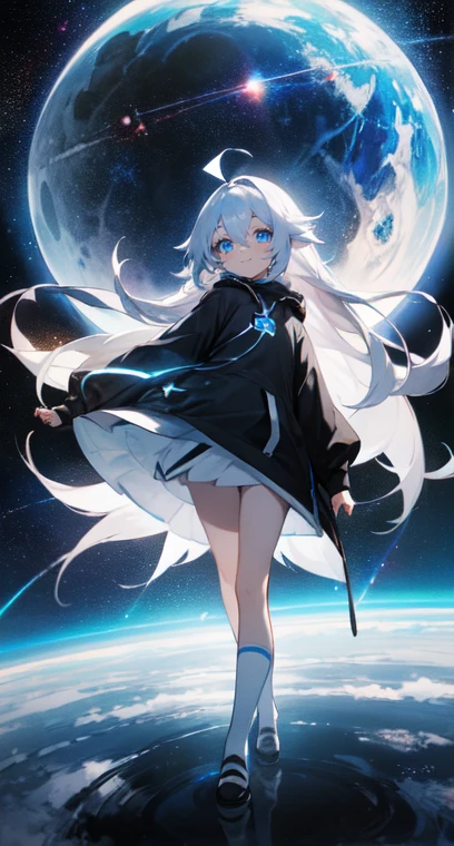 (Shiny skin), black hoodie, White Skirt, Straight hair, Princess Hairstyles, Ahoge ,White long knee socks,smile,(highest quality, masterpiece), 1 girl, Long Hair, Gray Hair, Starry Sky, Long Hair, (Clear bright blue eyes), Ahoge, idiot girl, Black and white dresses, (space)), low length, Soft Light,