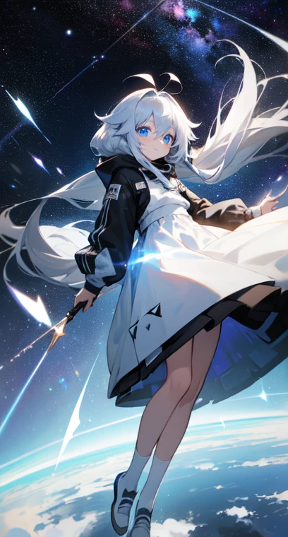 (Shiny skin), black hoodie, White Skirt, Straight hair, Princess Hairstyles, Ahoge ,White long knee socks,smile,(highest quality, masterpiece), 1 girl, Long Hair, Gray Hair, Starry Sky, Long Hair, (Clear bright blue eyes), Ahoge, idiot girl, Black and white dresses, (space)), low length, Soft Light,