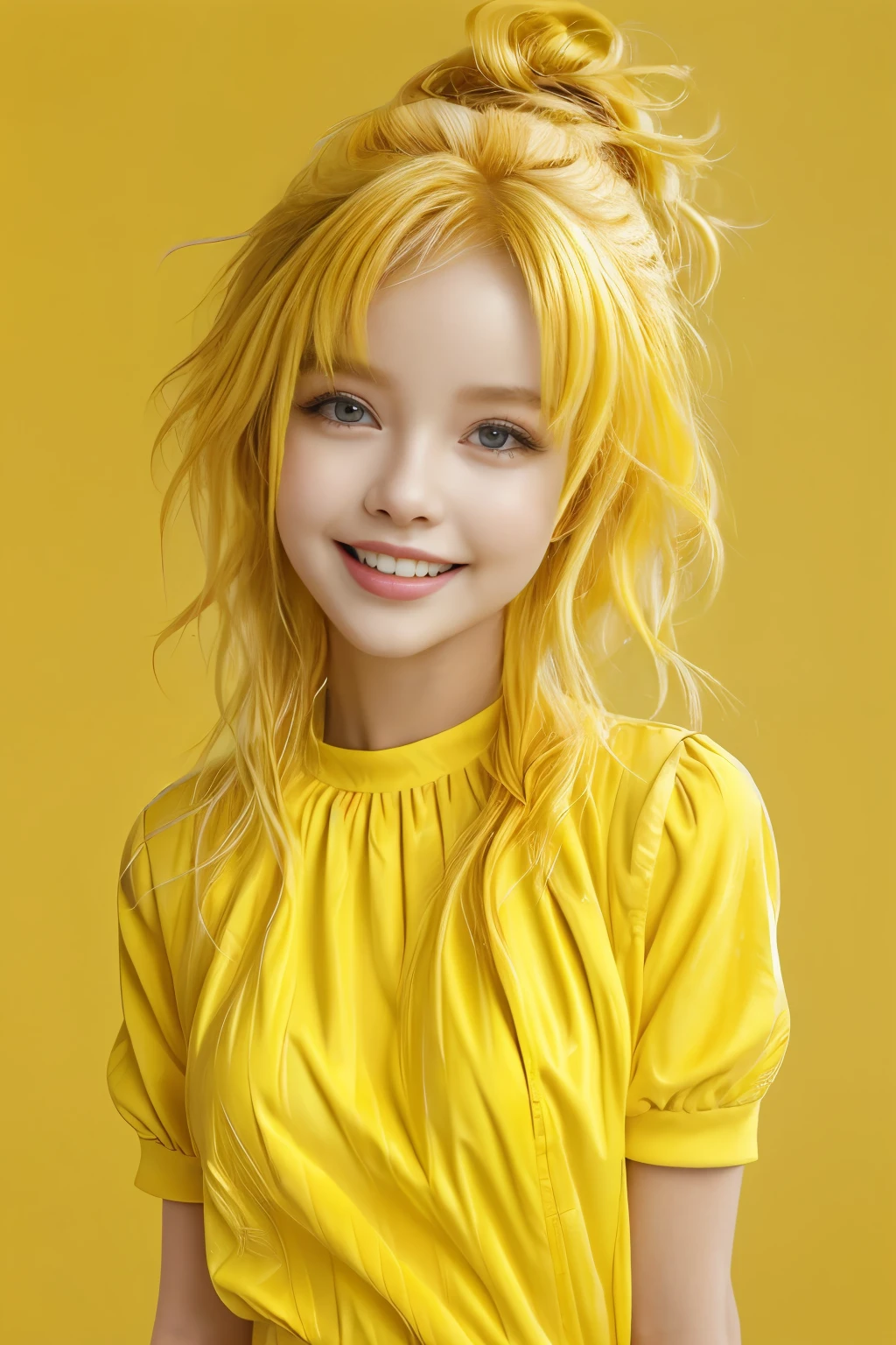 chibi style masterpiece,best quality,bellissima,1girl, solo, half body, yellow hair, cute, adorable, bright colors, cheerful, highly detailed, smile