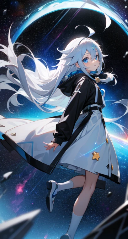 (Shiny skin), black hoodie, White Skirt, Straight hair, Princess Hairstyles, Ahoge ,White long knee socks,smile,(highest quality, masterpiece), 1 girl, Long Hair, Gray Hair, Starry Sky, Long Hair, (Clear bright blue eyes), Ahoge, idiot girl, Black and white dresses, (space)), low length, Soft Light,