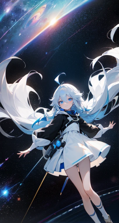 (Shiny skin), black hoodie, White Skirt, Straight hair, Princess Hairstyles, Ahoge ,White long knee socks,smile,(highest quality, masterpiece), 1 girl, Long Hair, Gray Hair, Starry Sky, Long Hair, (Clear bright blue eyes), Ahoge, idiot girl, Black and white dresses, (space)), low length, Soft Light,