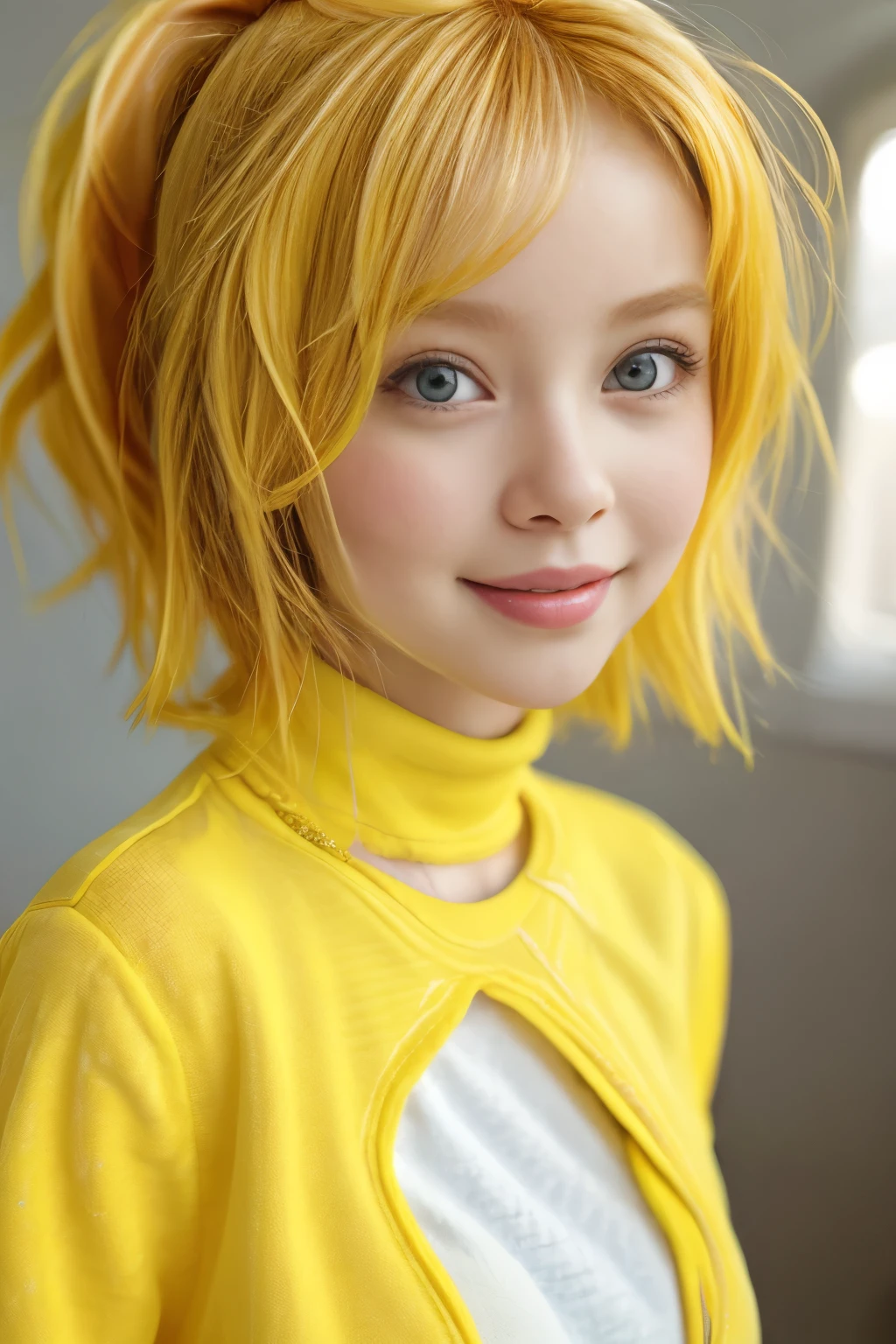 chibi style masterpiece,best quality,bellissima,1girl, solo, half body, yellow hair, cute, adorable, bright colors, cheerful, highly detailed, smile