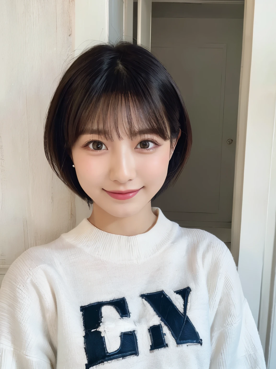 Long sleeve spring clothes、(White wall in the background、In front of the white door)、Tabletop、Don't look at the camera、((highest quality、8K、masterpiece:1.3))、Ultra-high resolution、(photoGenuineistic:1.4)、RAW Photos、Japanese,(More information)、Genuine、Photographed in natural light、Highly detailed face and skin texture、Highly detailed lips、The correct state of the human body、Medium Hair、Black Hair、Various poses、Natural color lip、Short Hair、Shortcuts、smile、avert your eyes、Look down、Look Down