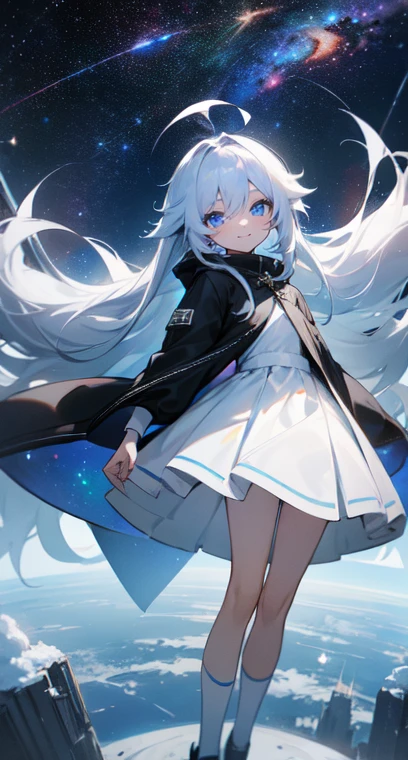 (Shiny skin), black hoodie, White Skirt, Straight hair, Princess Hairstyles, Ahoge ,White long knee socks,smile,(highest quality, masterpiece), 1 girl, Long Hair, Gray Hair, Starry Sky, Long Hair, (Clear bright blue eyes), Ahoge, idiot girl, Black and white dresses, (space)), low length, Soft Light,